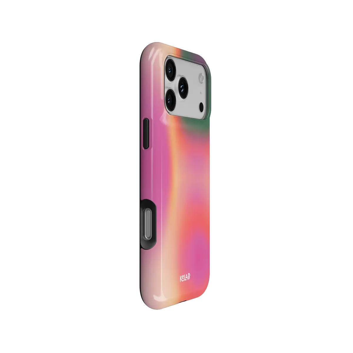 Aurora Pop colorful gradient aura Tough iPhone case, side view showing the pattern wrapped around the shell.