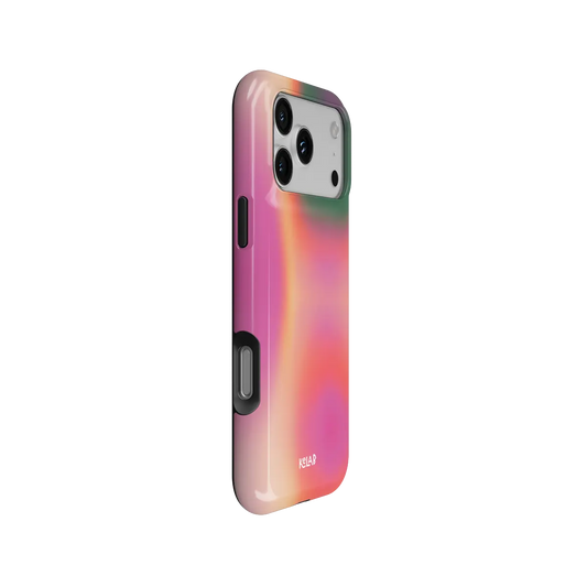 Aurora Pop colorful gradient aura Tough iPhone case, side view showing the pattern wrapped around the shell.