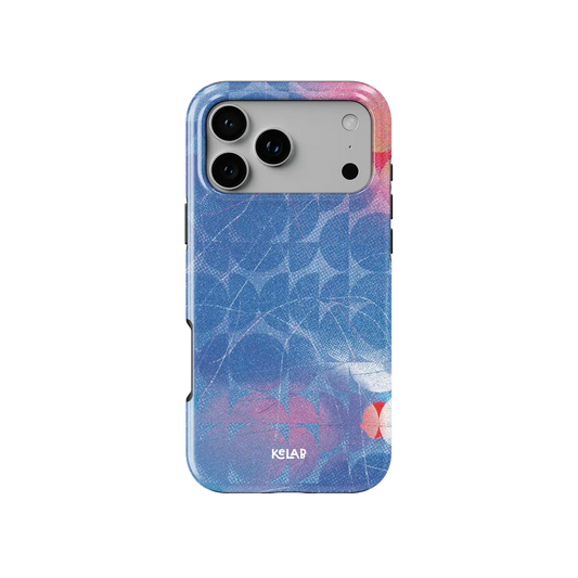 Cool Splash blue retro geometric circles Tough iPhone case, front view showing the pattern.