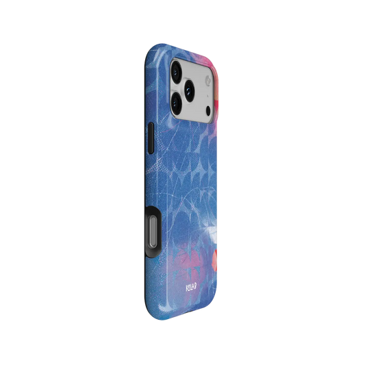 Cool Splash blue retro geometric circles Tough iPhone case, side view showing the pattern wrapped around the shell.