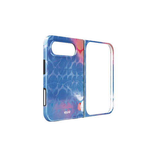 Blue Retro Geometric Circles, 70s iPhone 18 Fold Case, unfolded side view showing the hinge