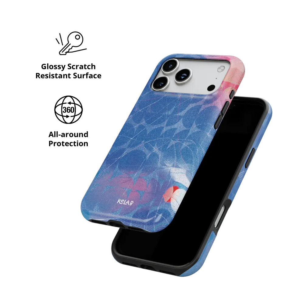 Cool Splash blue retro geometric circles Tough iPhone case with glossy, scratch resistant all-around protection.
