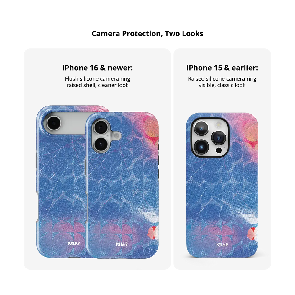Cool Splash blue retro geometric circles Tough iPhone case size comparison across iPhone 15 to 18 models.