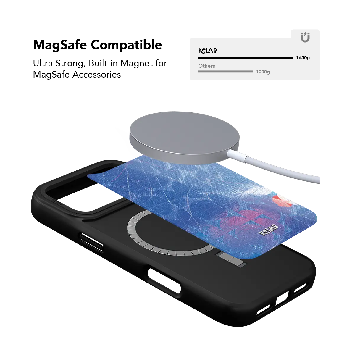 Aqua blue abstract KELAB iPhone Case on black with MagSafe ring and textured TPU bumper