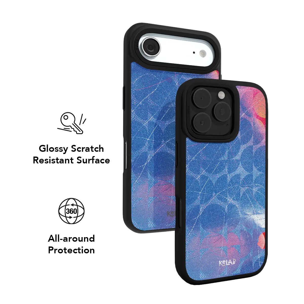 Aqua blue abstract geometry KELAB iPhone Case with black edges and MagSafe support