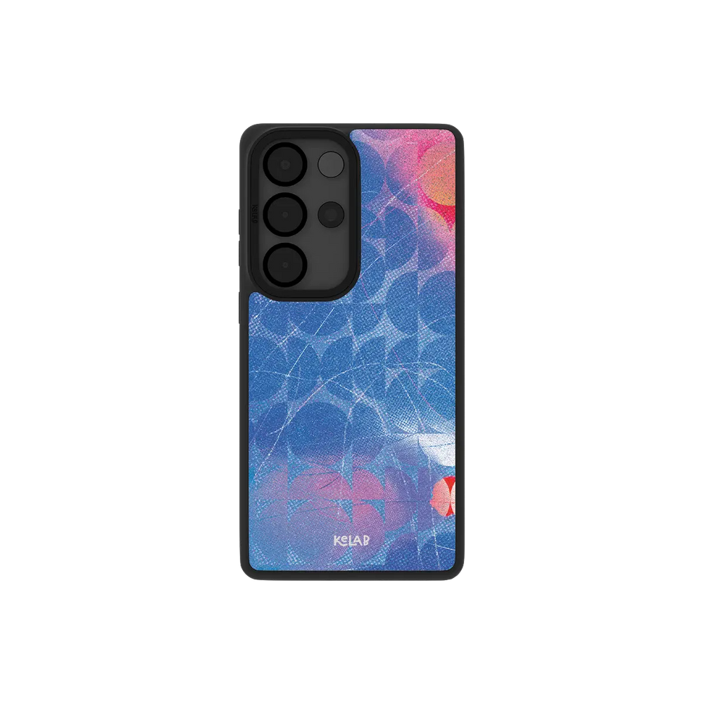 Blue retro geometric Samsung Galaxy case, back view with cobalt 70s circles around the camera cutout