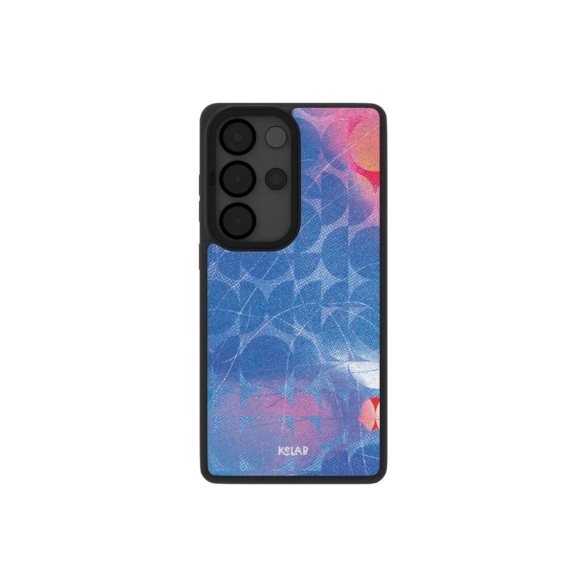 Blue retro geometric Samsung Galaxy case, back view with cobalt 70s circles around the camera cutout
