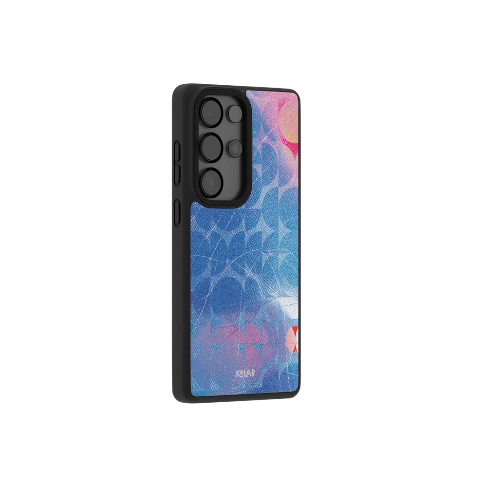 Blue retro geometric Samsung Galaxy case at a side angle showing the wrapped button covers