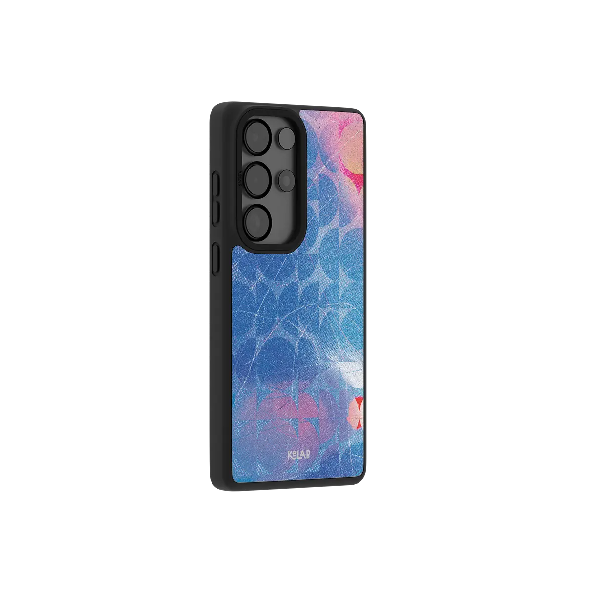 Blue retro geometric Samsung Galaxy case at a side angle showing the wrapped button covers