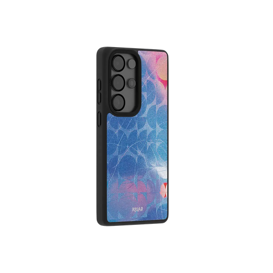 Blue retro geometric Samsung Galaxy case at a side angle showing the wrapped button covers