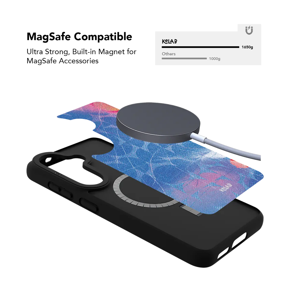 Blue retro geometric Samsung Galaxy case holding a magnetic wireless charger through the built in ring