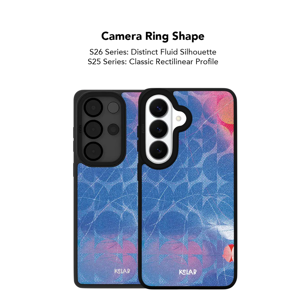 Close up of the camera ring cutout on the blue retro geometric Samsung Galaxy case