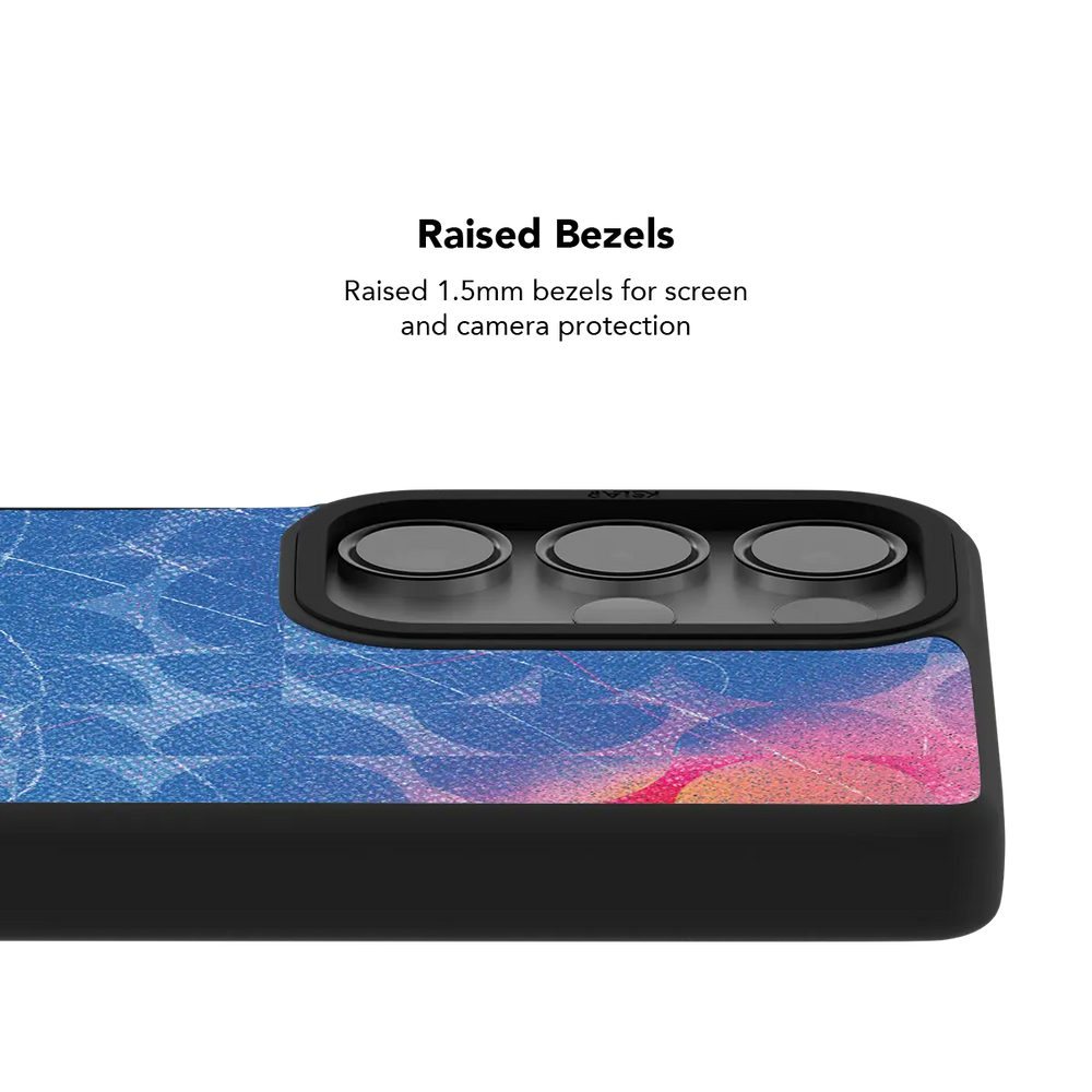 Raised bezel on the blue retro geometric Galaxy case lifting the camera lenses clear of a flat surface
