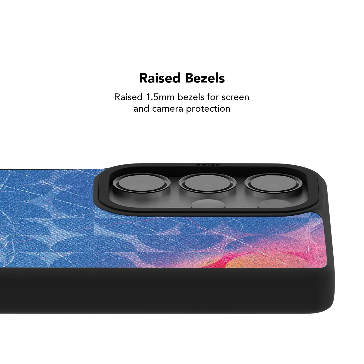 Raised bezel on the blue retro geometric Galaxy case lifting the camera lenses clear of a flat surface