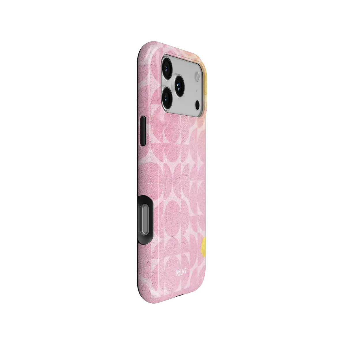 Bubblegum Breeze pink retro geometric circles Tough iPhone case, side view showing the pattern wrapped around the shell.