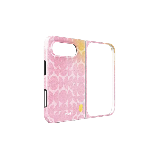 Pink Retro Geometric Circles, 70s iPhone 18 Fold Case, unfolded side view showing the hinge