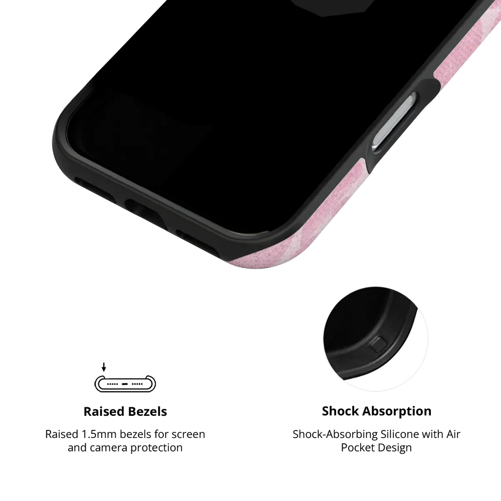Bubblegum Breeze pink retro geometric circles Tough iPhone case inner view showing shock-absorbing drop protection.