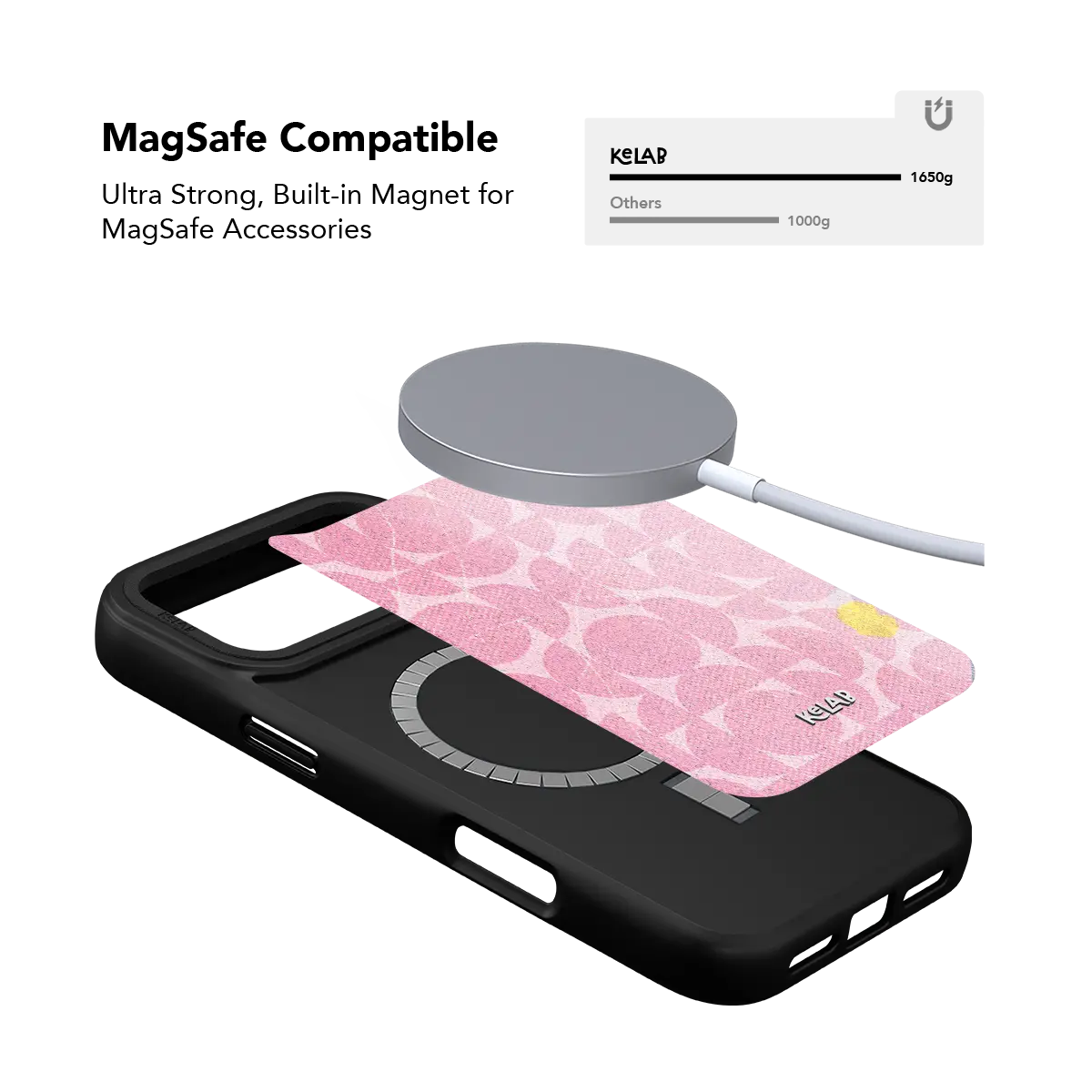 Pastel pink patterned KELAB iPhone Case in black with circular MagSafe design ring