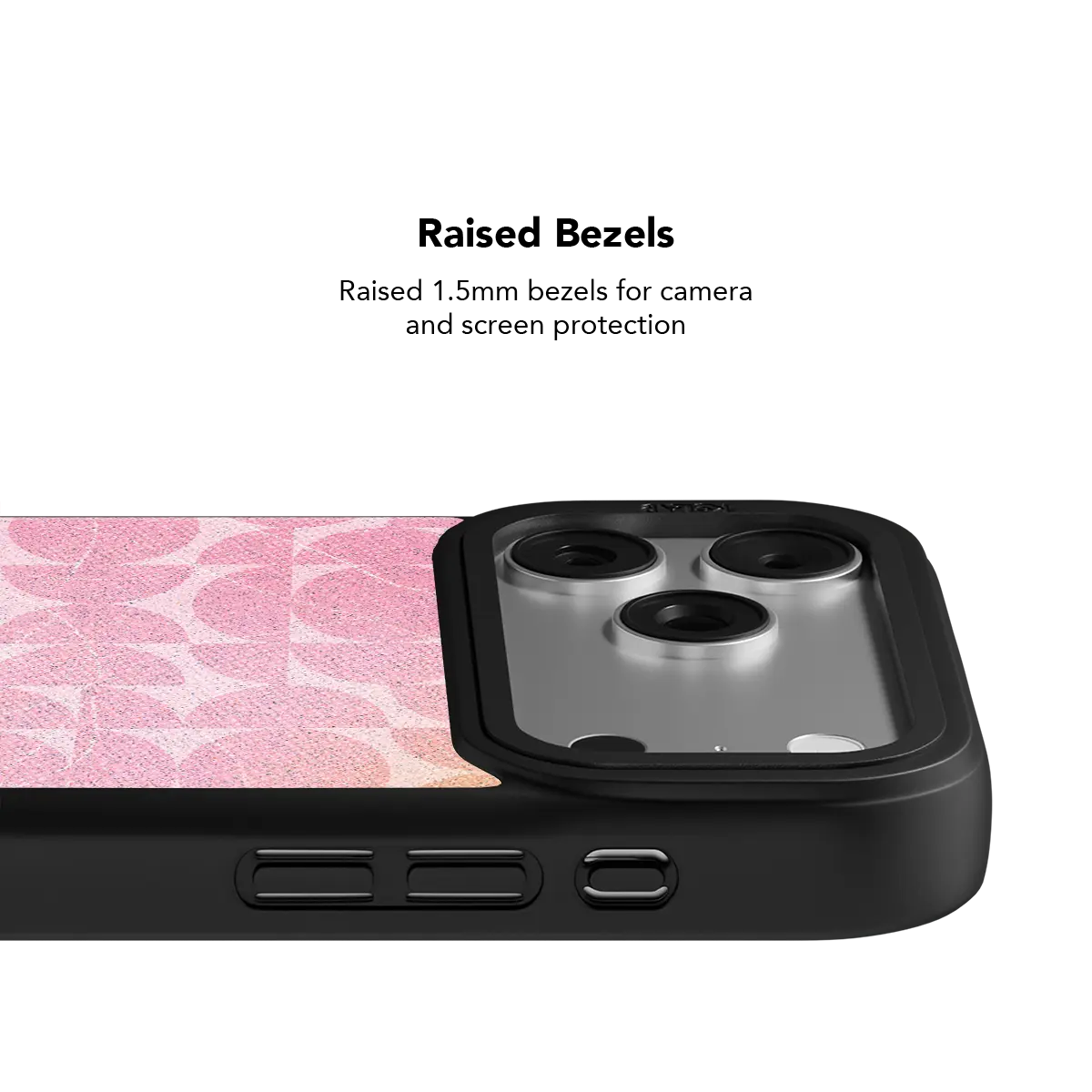 Black iPhone Case KELAB with three lens openings and retro pink geometric pattern background