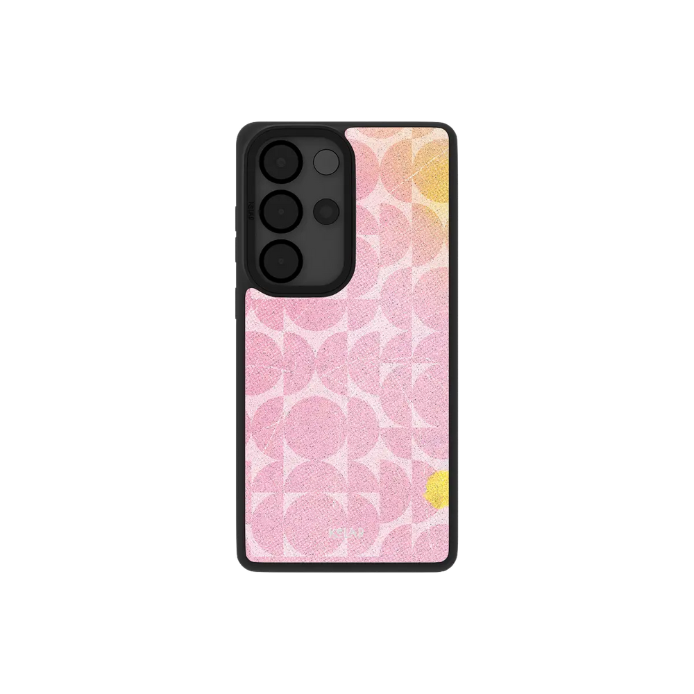 Pink retro geometric Samsung Galaxy case, back view with soft pink 70s circles around the camera cutout