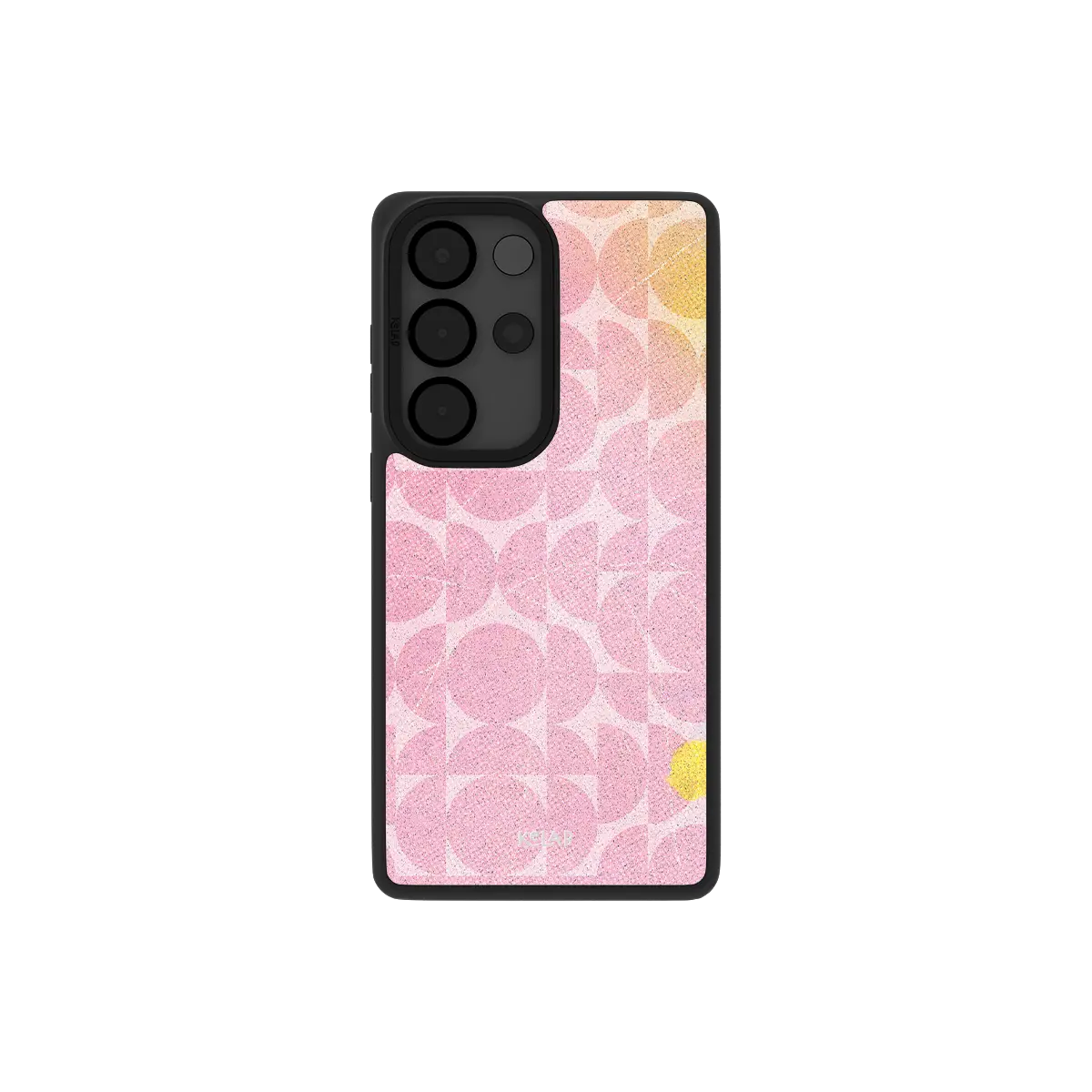 Pink retro geometric Samsung Galaxy case, back view with soft pink 70s circles around the camera cutout