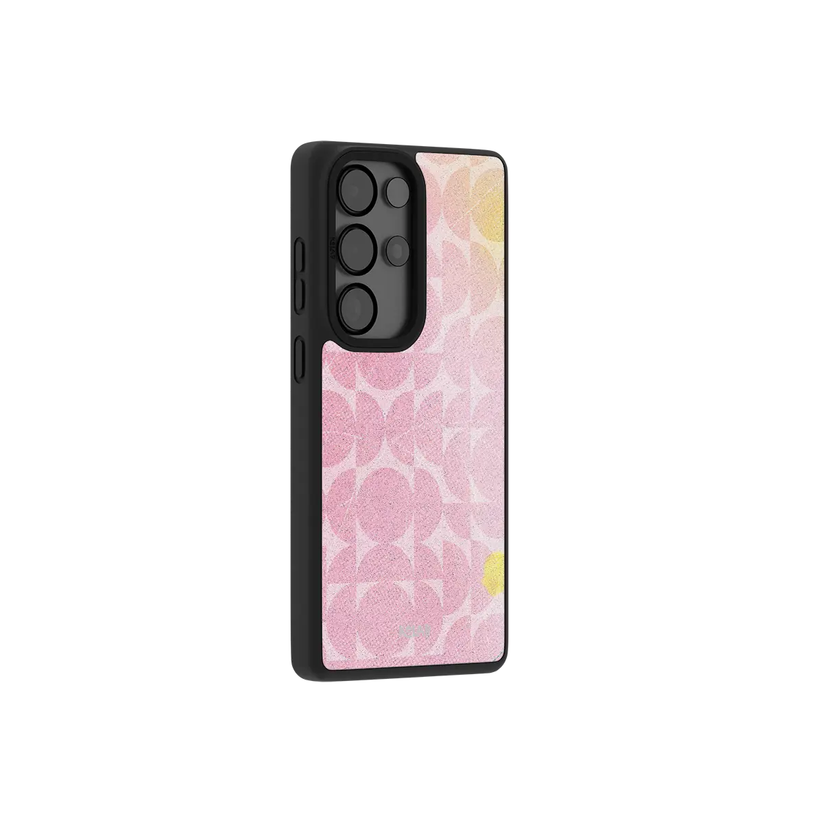 Pink retro geometric Samsung Galaxy case at a side angle showing the wrapped button covers