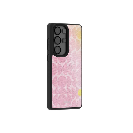 Pink retro geometric Samsung Galaxy case at a side angle showing the wrapped button covers