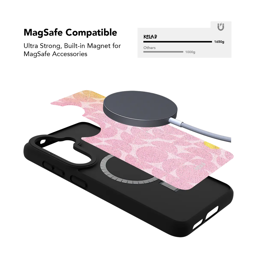 Pink retro geometric Samsung Galaxy case holding a magnetic wireless charger through the built in ring