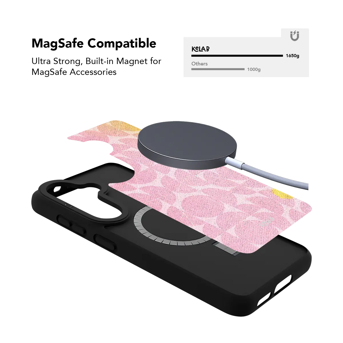 Pink retro geometric Samsung Galaxy case holding a magnetic wireless charger through the built in ring