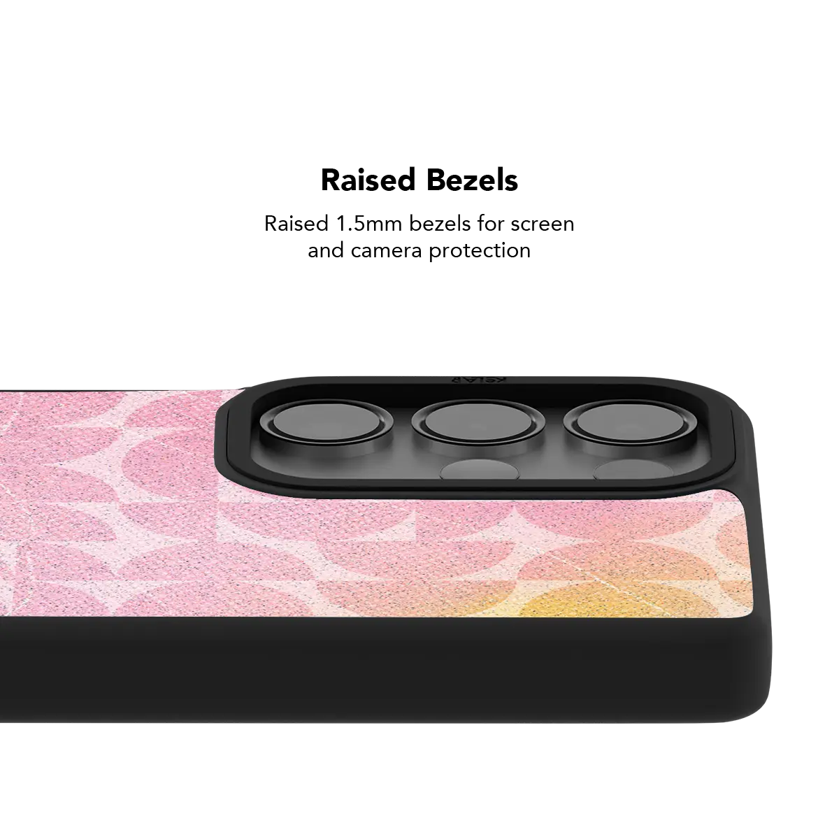 Raised bezel on the pink retro geometric Galaxy case lifting the camera lenses clear of a flat surface