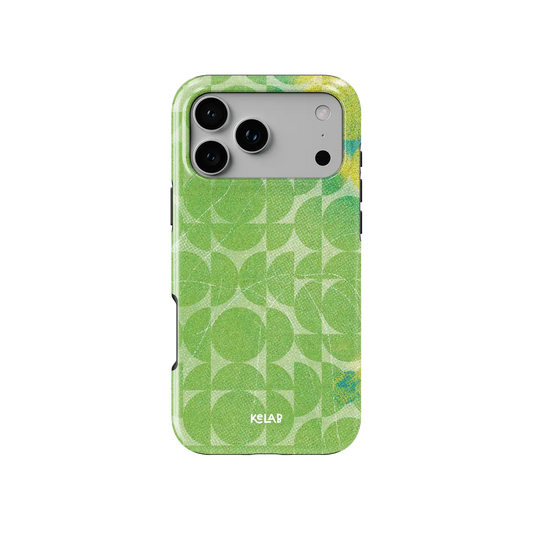 Lime Float green retro geometric circles Tough iPhone case, front view showing the pattern.
