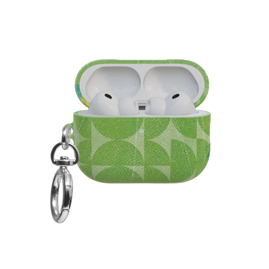 Green Retro Geometric Circles airpods pro case front view with open lid and keychain