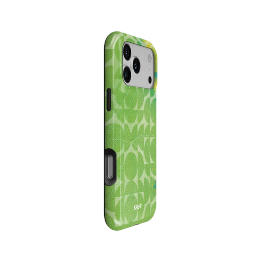 Lime Float green retro geometric circles Tough iPhone case, side view showing the pattern wrapped around the shell.