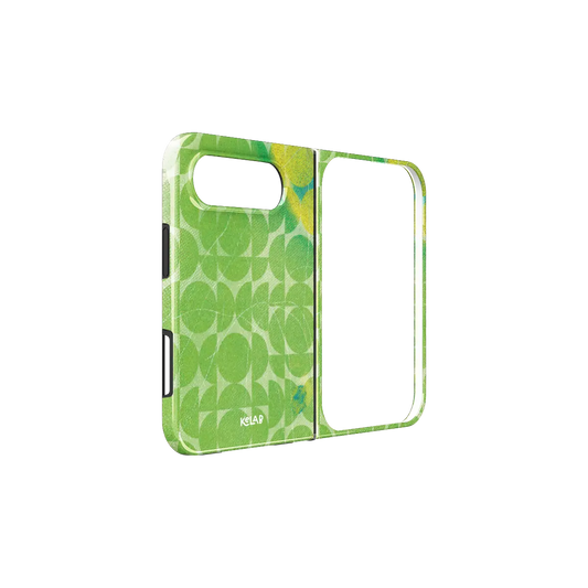 Green Retro Geometric Circles, 70s iPhone 18 Fold Case, unfolded side view showing the hinge