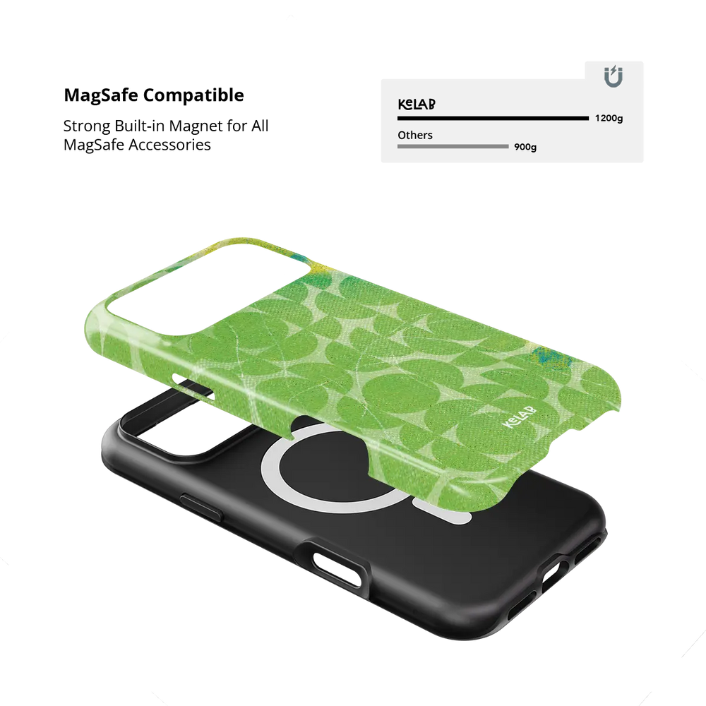 Lime Float green retro geometric circles Tough iPhone case with built-in strong MagSafe magnets.