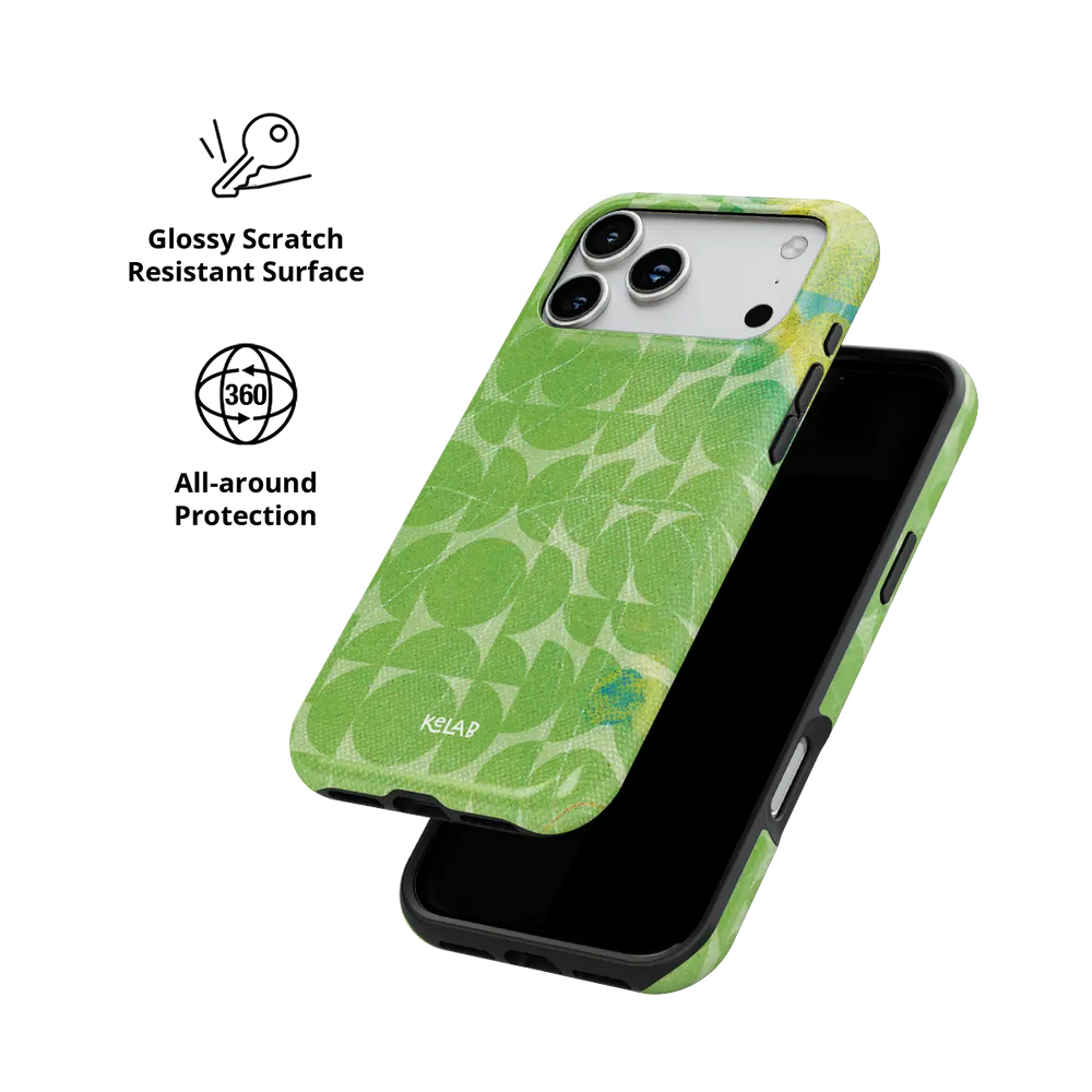 Lime Float green retro geometric circles Tough iPhone case with glossy, scratch resistant all-around protection.