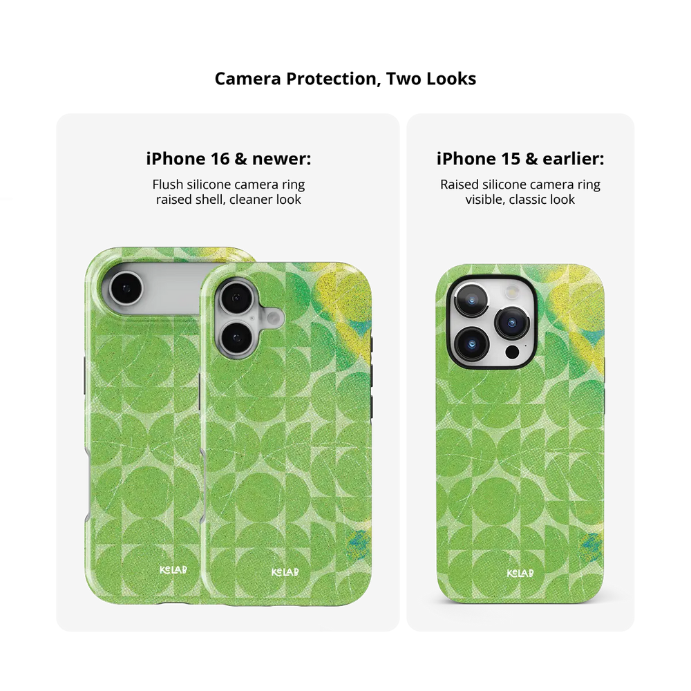 Lime Float green retro geometric circles Tough iPhone case size comparison across iPhone 15 to 18 models.