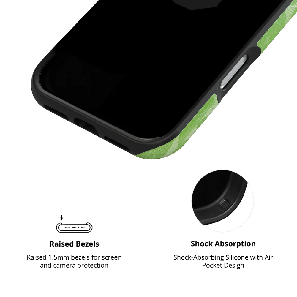 Lime Float green retro geometric circles Tough iPhone case inner view showing shock-absorbing drop protection.