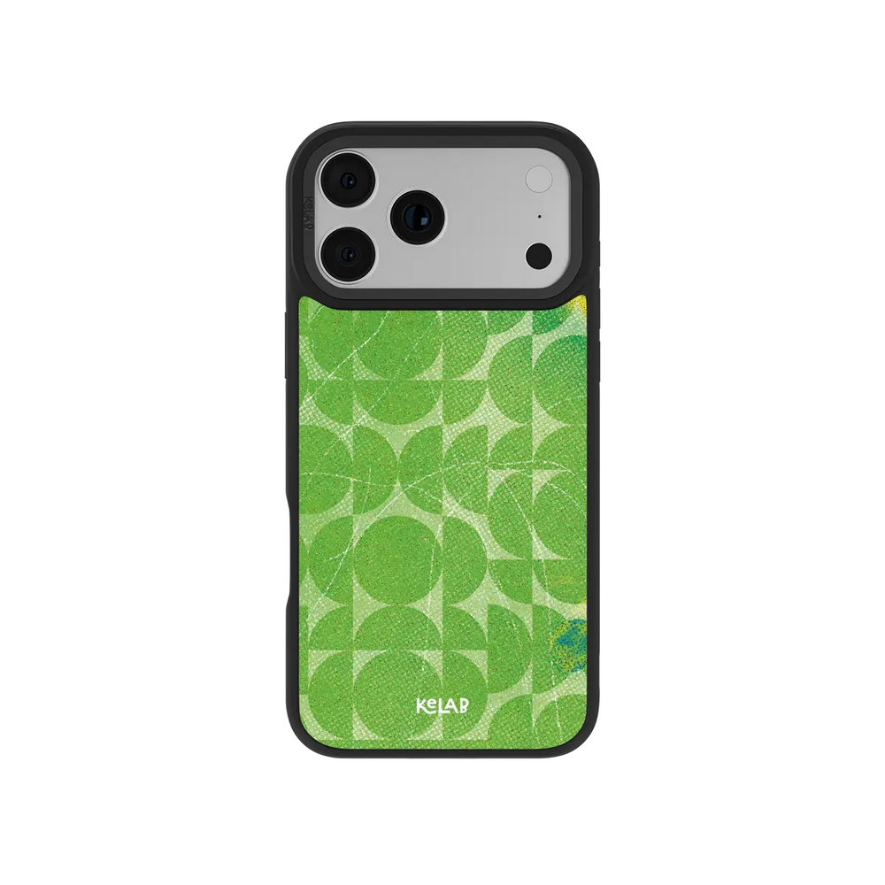 Lime green KELAB iPhone Case with textured geometric grid pattern and raised corners