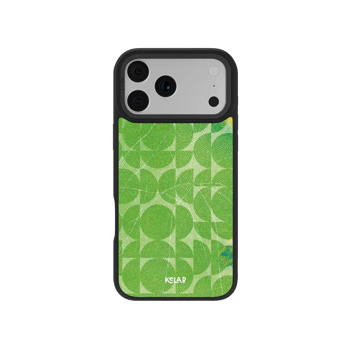 Lime green KELAB iPhone Case with textured geometric grid pattern and raised corners