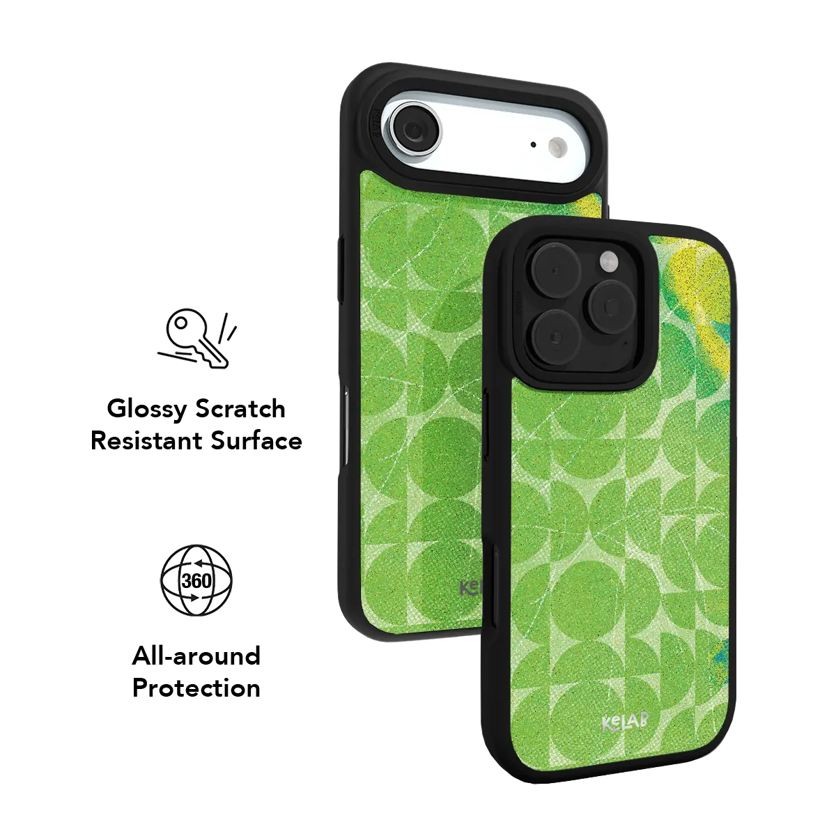 KELAB iPhone Case lime green geometric grid pattern with black bumper edges, two views