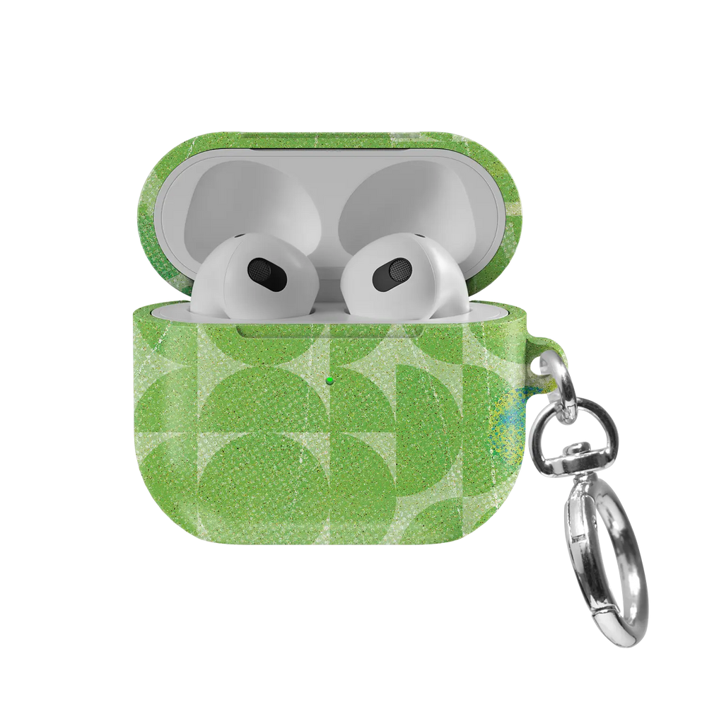 Lime Float | Green Retro Geometric Circles AirPods Case - front view with open lid