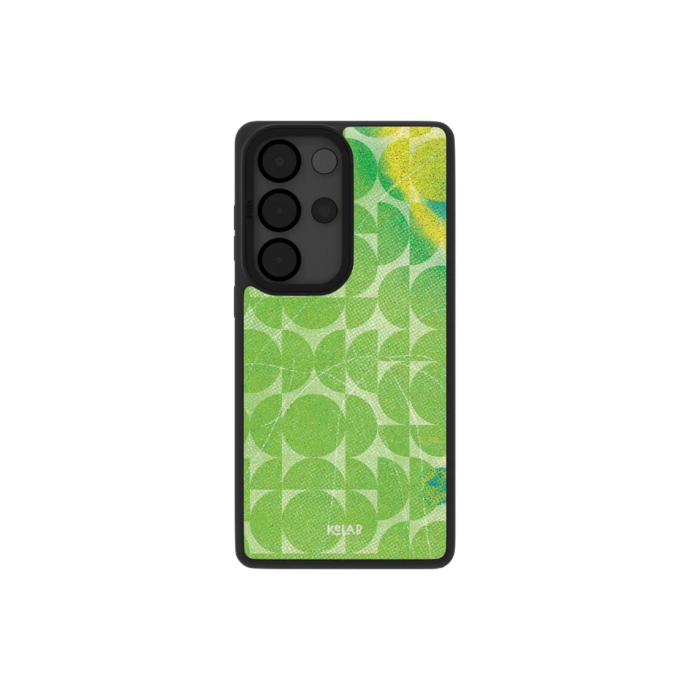 Green retro geometric Samsung Galaxy case, back view with lime 70s circles around the camera cutout