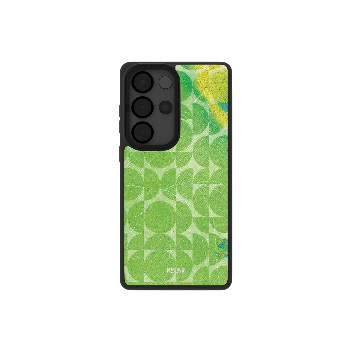 Green retro geometric Samsung Galaxy case, back view with lime 70s circles around the camera cutout