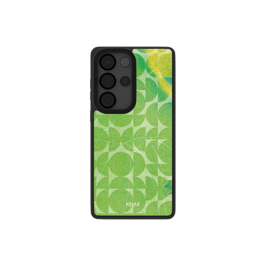 Green retro geometric Samsung Galaxy case, back view with lime 70s circles around the camera cutout