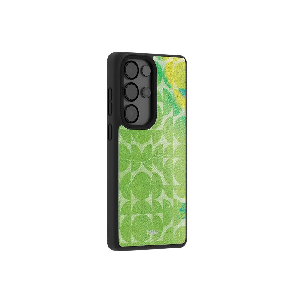 Green retro geometric Samsung Galaxy case at a side angle showing the wrapped button covers