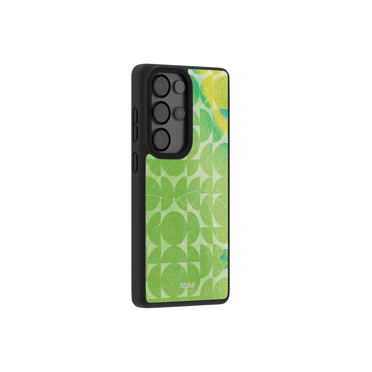 Green retro geometric Samsung Galaxy case at a side angle showing the wrapped button covers
