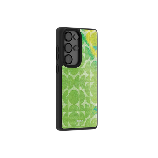 Green retro geometric Samsung Galaxy case at a side angle showing the wrapped button covers