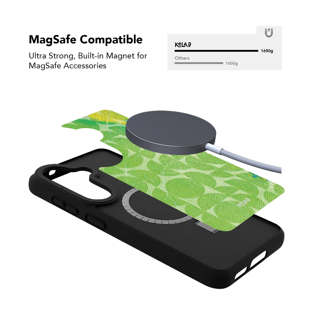 Green retro geometric Samsung Galaxy case holding a magnetic wireless charger through the built in ring