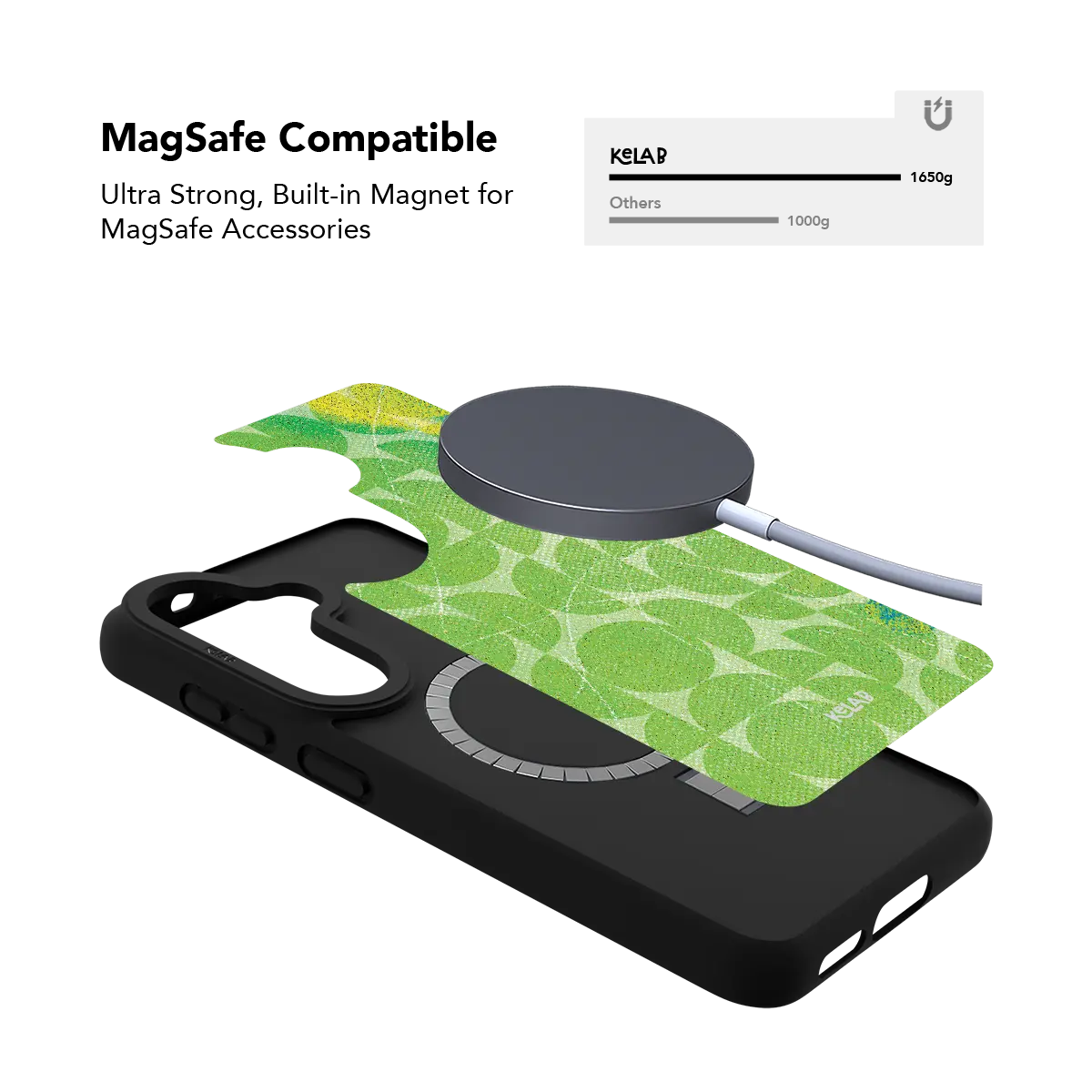 Green retro geometric Samsung Galaxy case holding a magnetic wireless charger through the built in ring